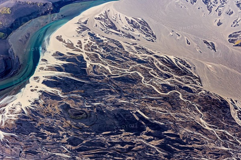 Mountain landscape, river, river delta, river course, volcanic landscape, sunny, aerial view, summer, Langisjör, Icelandic Highlands, Iceland