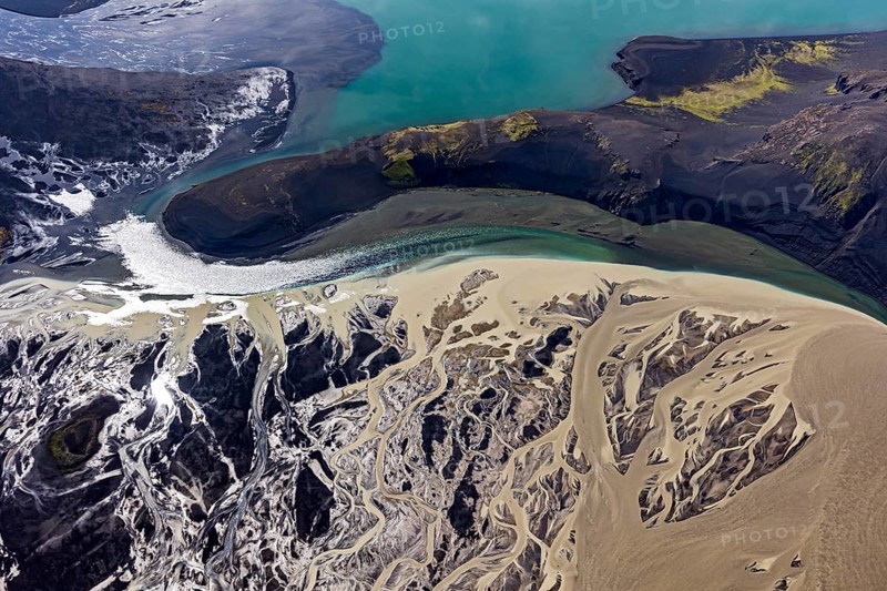 Mountain landscape, river, river delta, river course, volcanic landscape, sunny, aerial view, summer, Langisjör, Icelandic Highlands, Iceland