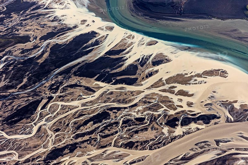Mountain landscape, river, river delta, river course, volcanic landscape, sunny, aerial view, summer, Langisjör, Icelandic Highlands, Iceland