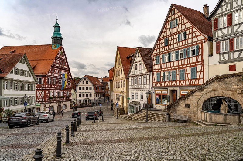 Town hall and half-timbered houses in Backnang, Rems-Murr district, Baden-Württemberg, Germany