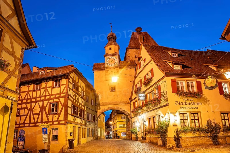 The Markusturm in Rothenburg ob der Tauber at dusk, Bavaria, Germany