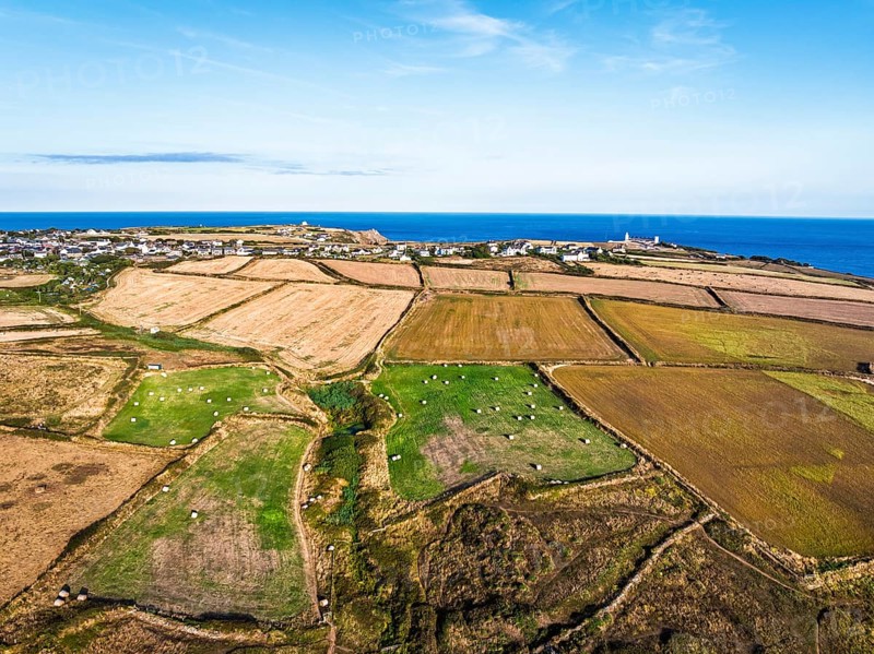 Cornwall fields and farms from a drone, Lizard Peninsula, South West Coast Path, Lizard, Cornwall, England, United Kingdom