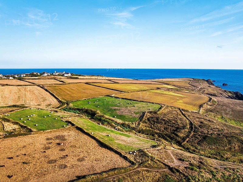 Cornwall fields and farms from a drone, Lizard Peninsula, South West Coast Path, Lizard, Cornwall, England, United Kingdom