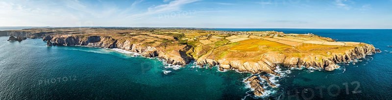 Panorama of Lizard Peninsula cliffs from a drone, South West Coast Path, Lizard, Cornwall, England, United Kingdom