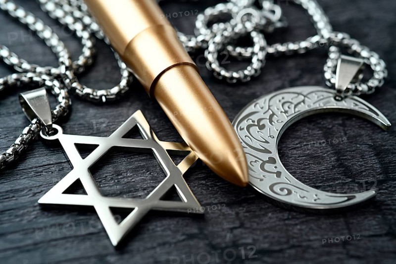 Rifle cartridge between chains with Star of David and crescent, symbolic photo Middle East and Gaza conflict