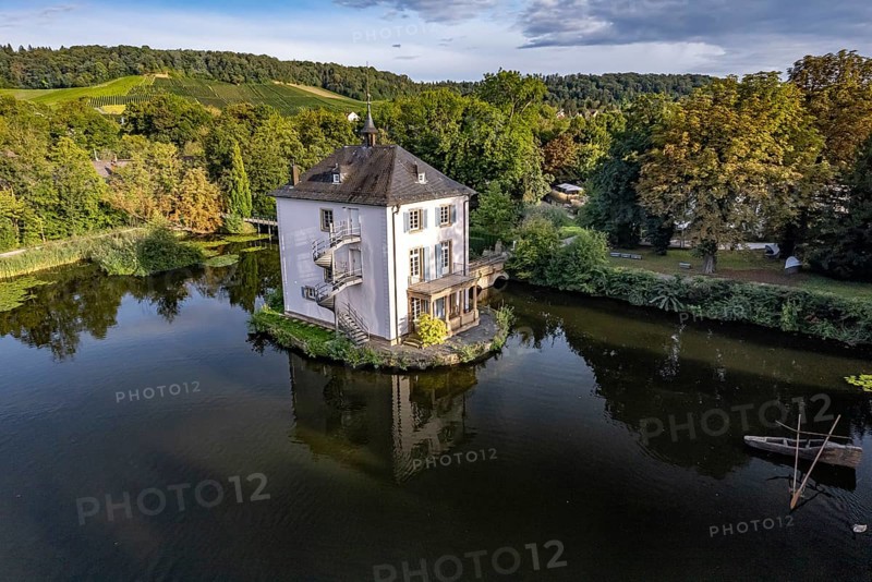 The Trappenseeschlösschen in the Trappensee in Heilbronn seen from the air, Baden-Württemberg, Germany