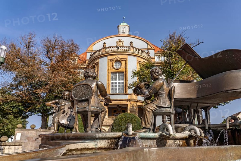 Musicians' fountain in front of the Blue Town Hall in Donaueschingen, Baden-Württemberg, Germany