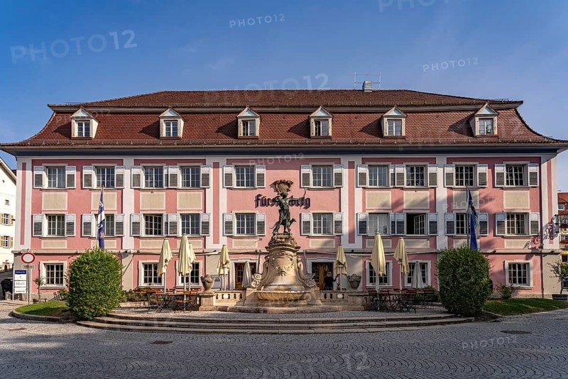 Diana Fountain by sculptor Wilhelm Sauer in front of the Fürstenberg Bräustüble in Donaueschingen, Baden-Württemberg, Germany