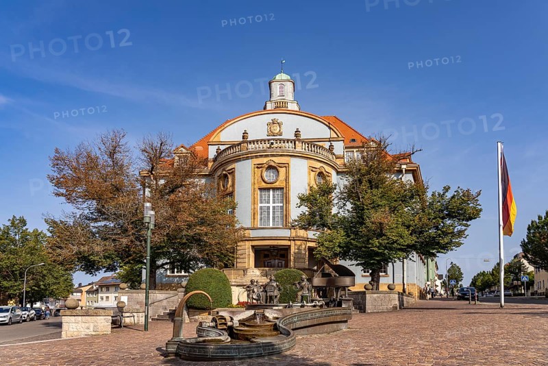 Musicians' fountain in front of the Blue Town Hall in Donaueschingen, Baden-Württemberg, Germany