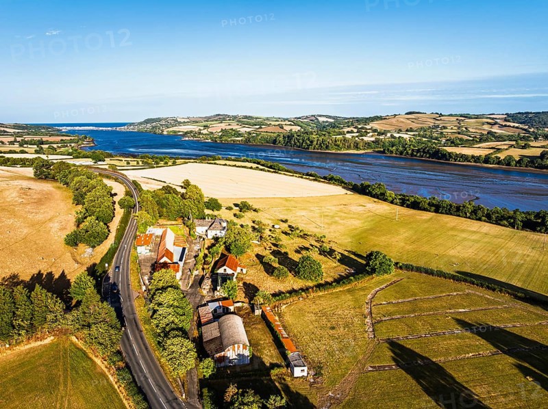 Farms and Fields over River Teign and Teignmouth Road from drone, Newton Abbot, Devon, England, United Kingdom
