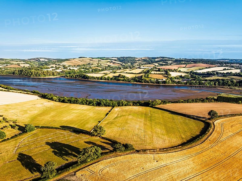 Farms and Fields over River Teign and Teignmouth Road from drone, Newton Abbot, Devon, England, United Kingdom