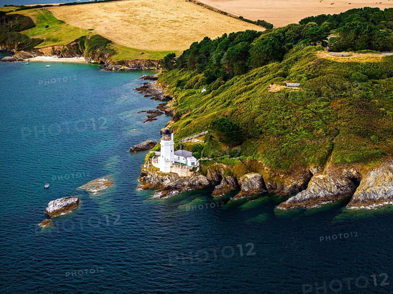 St Anthony Lighthouse from drone, Roseland peninsula, Head circular walk, Cornwall, UK