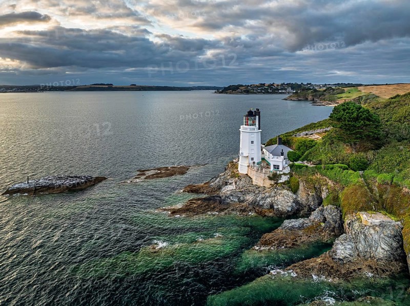 St Anthony Lighthouse from drone, Roseland peninsula, Head circular walk, Cornwall, UK