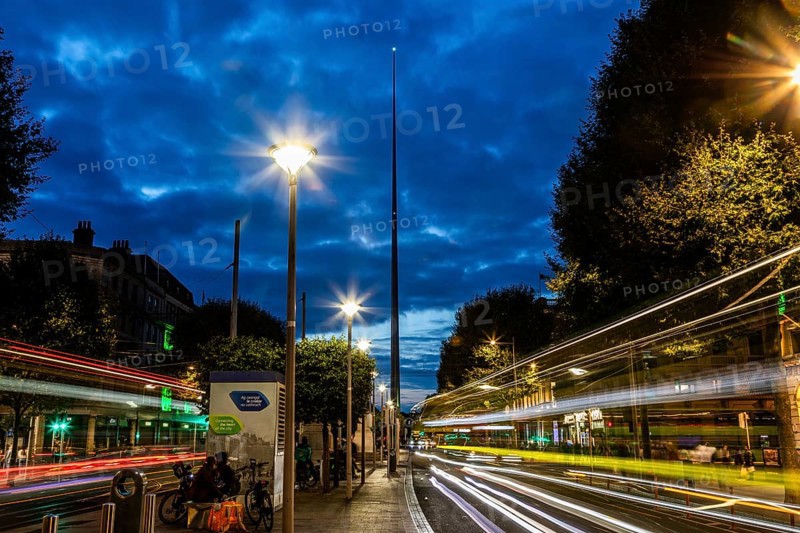 Traces of light at the blue hour, The Spire, Monument of Light, O'Connell Street, Dublin, Ireland