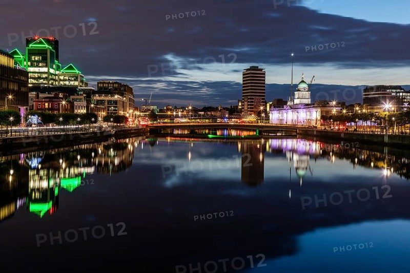Buildings reflected in the River Liffey, night shot, Dublin, Ireland