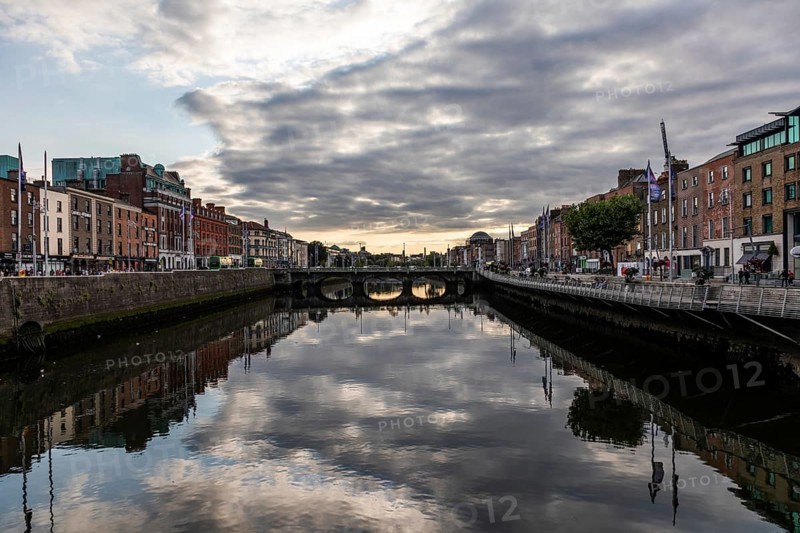Cloudy mood at the river Liffey, reflection, Dublin, Ireland