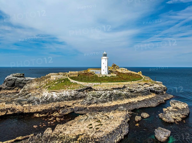 Godrevy Lighthouse from a drone, Godrevy Island, St Ives Bay, Cornwall, England, United Kingdom