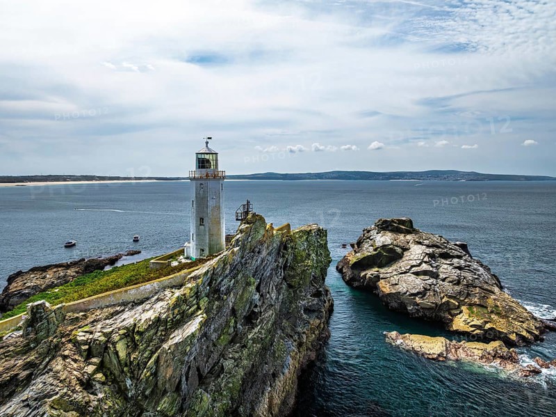 Godrevy Lighthouse from a drone, Godrevy Island, St Ives Bay, Cornwall, England, United Kingdom