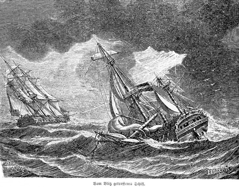 Ship struck by lightning, at sea, heavy seas, sailing ships, inventions in the 18th century, technology, industry, historical illustration 1872, Germany