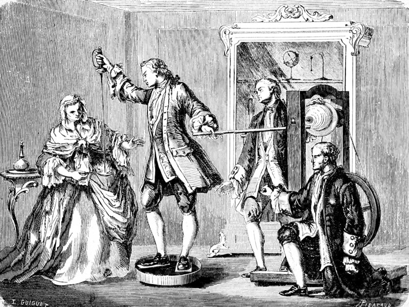 Ignition of spirit of wine by electric spark, insulating stool, rod, experiment, inventions in the 18th century, electricity, transmission, technology, industry, historical illustration 1872, Germany