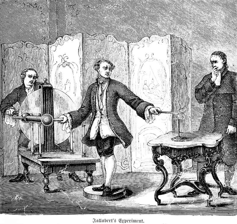 Jallabert's experiment, physicist Jean Jallabert (1712-1768) attempt to transmit electricity in Geneva in 1748, insulating stool, wooden rod, sphere, inventions in the 18th century, technology, industry, historical illustration 1872, Germany
