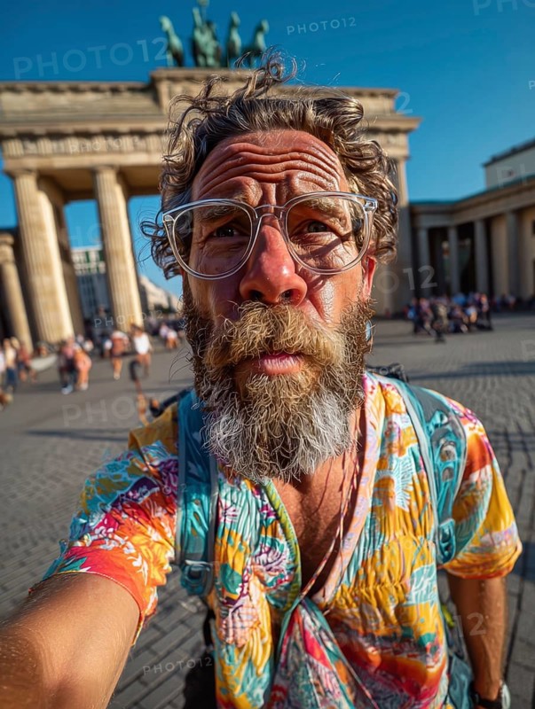 An elderly man takes an unflattering selfie with his smartphone in front of the Brandenburg Tor in Berlin Mitte, AI generated, AI generated