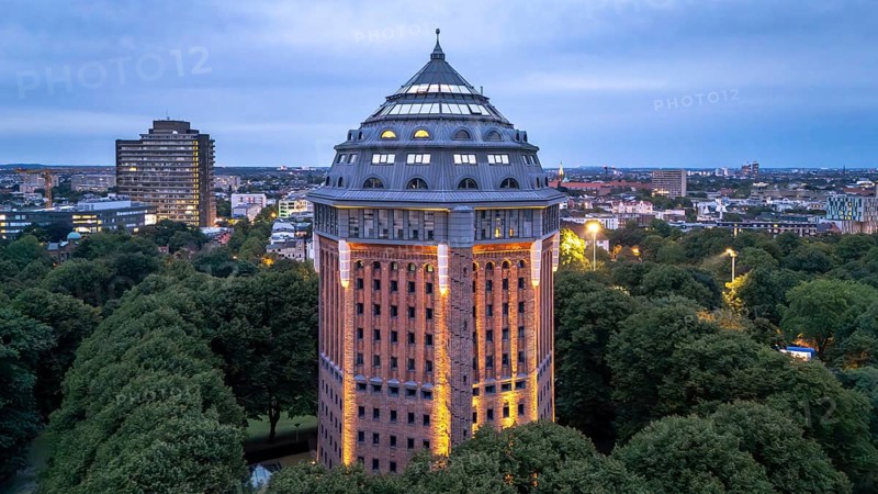 Aerial view of the ski jump tower in Sternschanzenpark zur Blauen Stunden, Hamburg, Germany