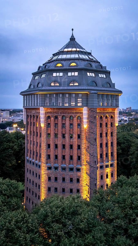 Aerial view of the ski jump tower in Sternschanzenpark zur Blauen Stunden, Hamburg, Germany
