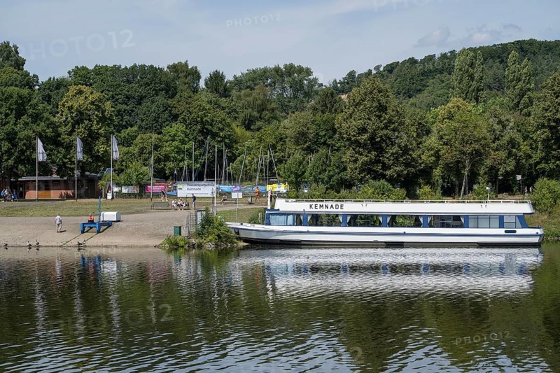 Excursion boat at Heveney harbour, Oelbach, Lake Kemnader, Witten, Ruhr area, North Rhine-Westphalia, Germany