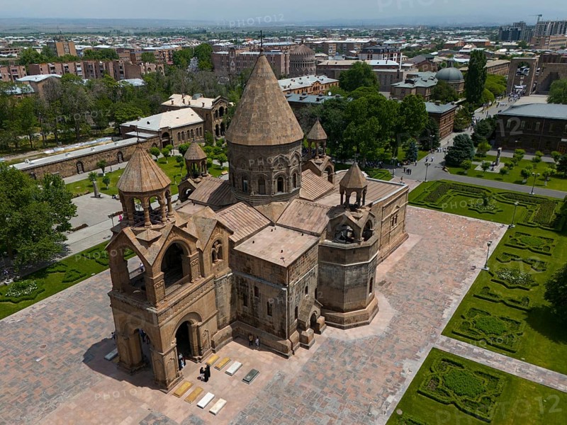 Close-up of a historic church with detailed architecture in urban surroundings, aerial view, historic, most important Armenian Orthodox cathedral, UNESCO World Heritage Site, Echmiadzin, Echmiadzin, Ejmiacin, Vagharshapat, Vagharshapat, Vagharshapat, Valaršapat, Vagharshapat, Armavir Province, Armenia