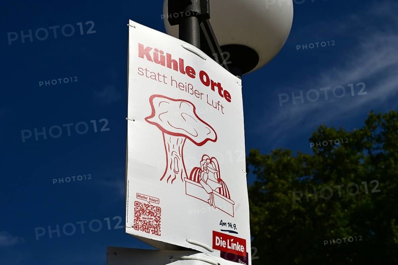 Posters for the North Rhine-Westphalia municipal election campaign in Bonn around the Hofgarten in the university district. Poster of the Left Party calling for cool places instead of hot air