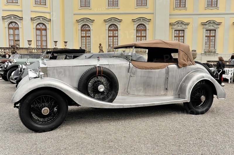 Rolls-Royce Phantom I Colonial Style Open Tourer, Vintage car, Side view of a silver vintage convertible in front of a yellow facade, Retro Classics meets Baroque, Ludwigsburg, Baden-Württemberg, Germany