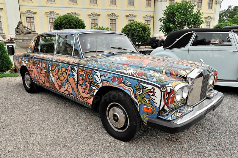 Rolls-Royce Bouchet Silver Wraith II, year of manufacture 1977, Artistically painted Rolls-Royce with a lively design at an exhibition, Retro Classics meets Baroque, Ludwigsburg, Baden-Württemberg, Germany