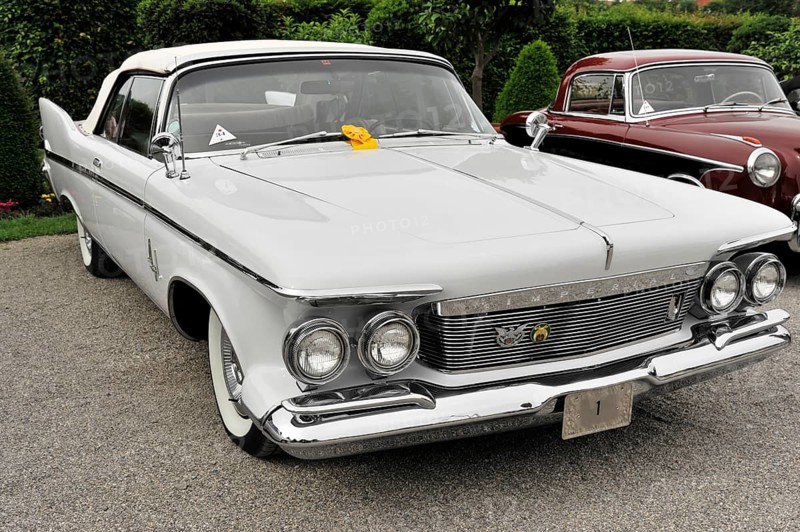 Chrysler S Imperial Crown, Classic car, White classic car with an elegant vintage look on a gravel square, Retro Classics meets Baroque, Ludwigsburg, Baden-Württemberg, Germany