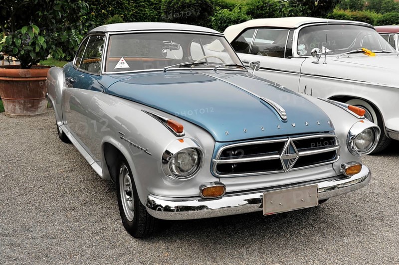 Borgward Isabella Coupe built in 1960, classic car, Blue-silver classic car with elegant lines on a gravel square, Retro Classics meets Baroque, Ludwigsburg, Baden-Württemberg, Germany
