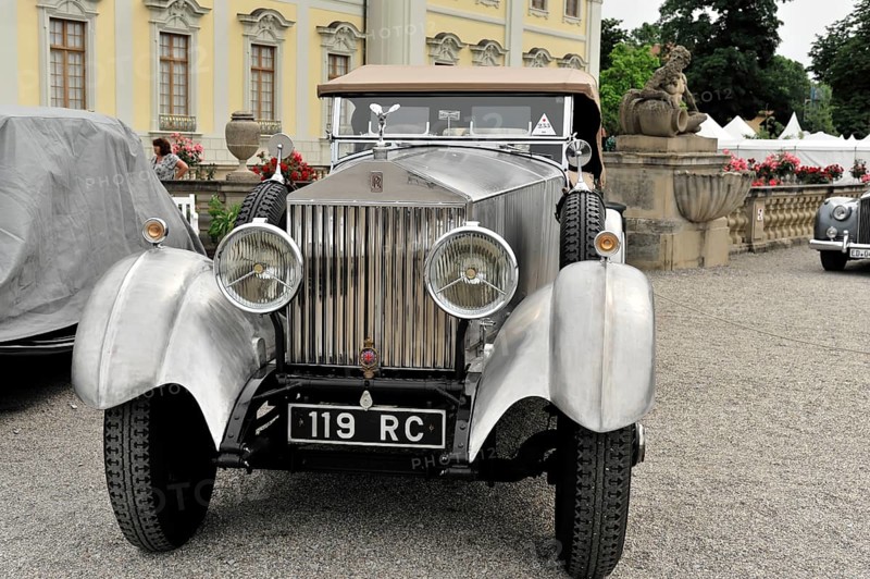 Rolls-Royce Phantom I Colonial Style Open Tourer, classic car, front view of a silver classic car with striking round headlights, Retro Classics meets Baroque, Ludwigsburg, Baden-Württemberg, Germany