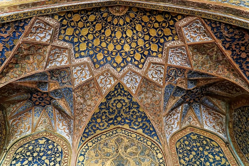 Mausoleum of Itimat-ud-Daula, Tomb, Agra, Uttar Pradesh, India, Asia, Complex ornamentation in blue and gold tones on an architectural surface, Jodhpur, Rajasthan, North India