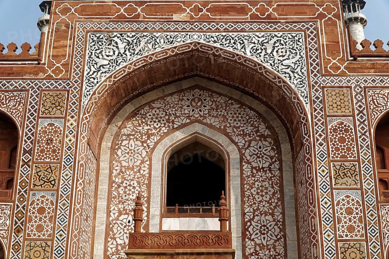 Mausoleum of Itimat-ud-Daula, tomb, Agra, Uttar Pradesh, India, Asia, Detail of the elaborately decorated façade of a mausoleum entrance with geometric patterns, Jodhpur, Rajasthan, North India