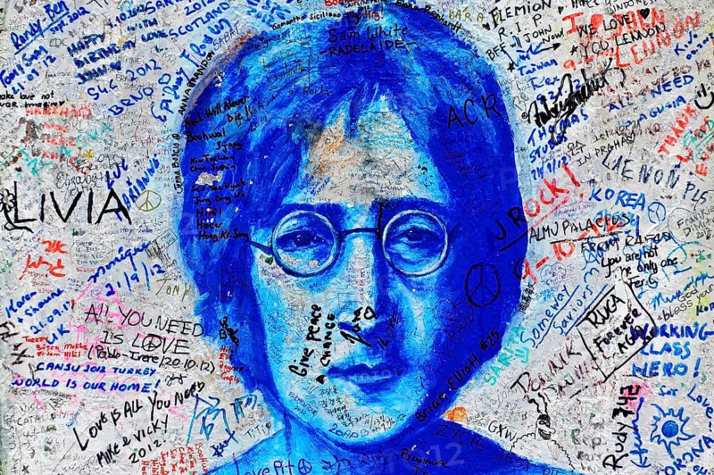 John Lennon Wall, Graffiti, Prague, Czech Republic, Europe, Colourful graffiti by John Lennon surrounded by handwritten messages and texts