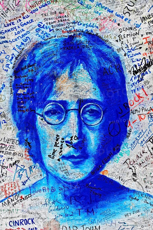 John Lennon wall, graffiti, Prague, Czech Republic, Europe, close-up of a blue portrait of John Lennon with surrounding graffiti messages