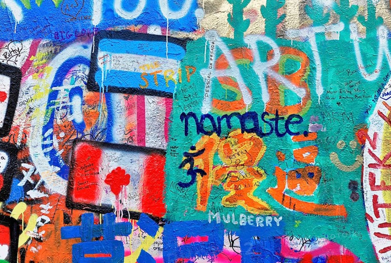 John Lennon Wall, Graffiti, Prague, Czech Republic, Europe, Colourful graffiti wall with flags and various lettering