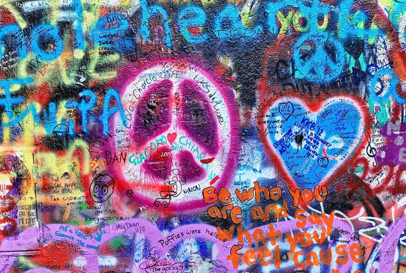 John Lennon Wall, Graffiti, Prague, Czech Republic, Europe, Colourful graffiti with peace and heart motifs and an inspiring message