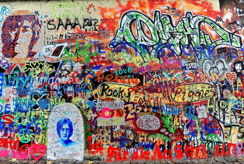 John Lennon Wall, Graffiti, Prague, Czech Republic, Europe, Colourful graffiti wall with portrait and numerous peaceful messages