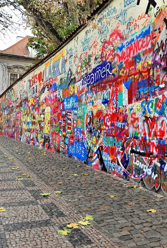 John Lennon Wall, Graffiti, Prague, Czech Republic, Europe, Long colourful graffiti wall in an urban environment with autumnal flair