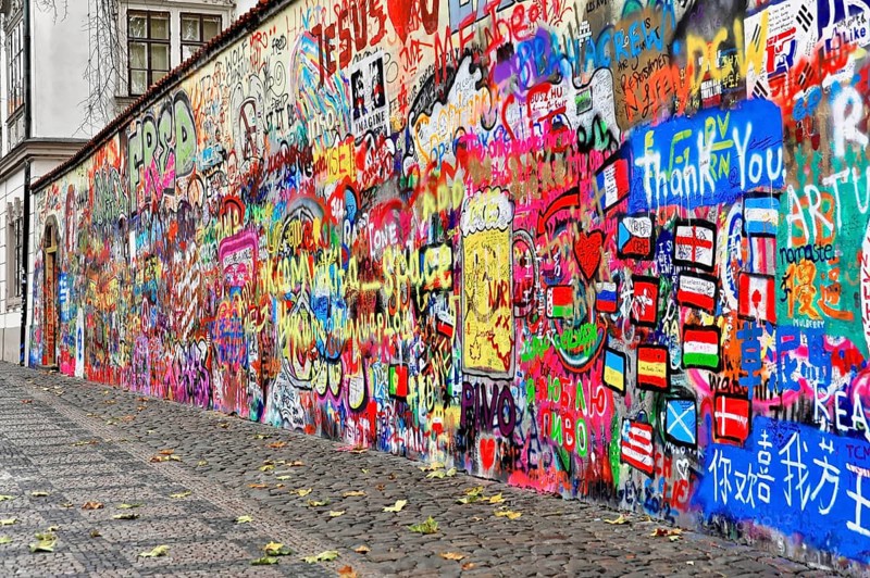 John Lennon Wall, Graffiti, Prague, Czech Republic, Europe, Long graffiti wall on a cobblestone street, autumnal feeling