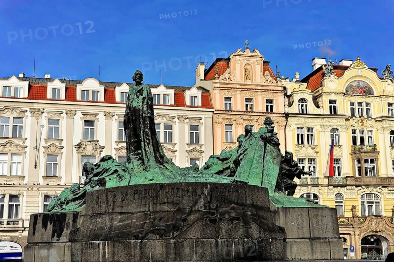 Jan Hus Monument on the Old Town Square, Prague, Czech Republic, Europe, Large monument in front of historical buildings on a square, Czech Republic