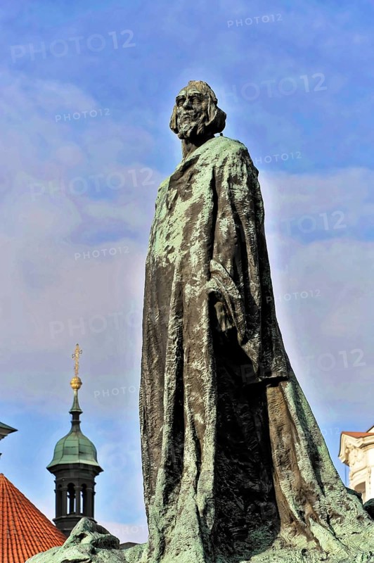 Jan Hus Monument on Old Town Square, Prague, Czech Republic, Europe, Historical statue of a man looking up to the sky, Czech Republic