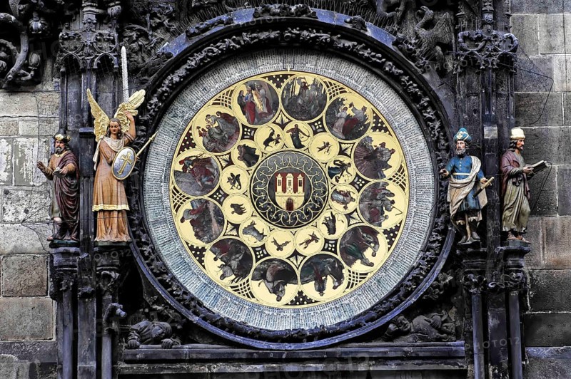 Old Town Hall, Old Town Square, Prague, Czech Republic, Close-up of the astronomical clock with ornate figures and decorations in Prague, Prague, Czech Republic