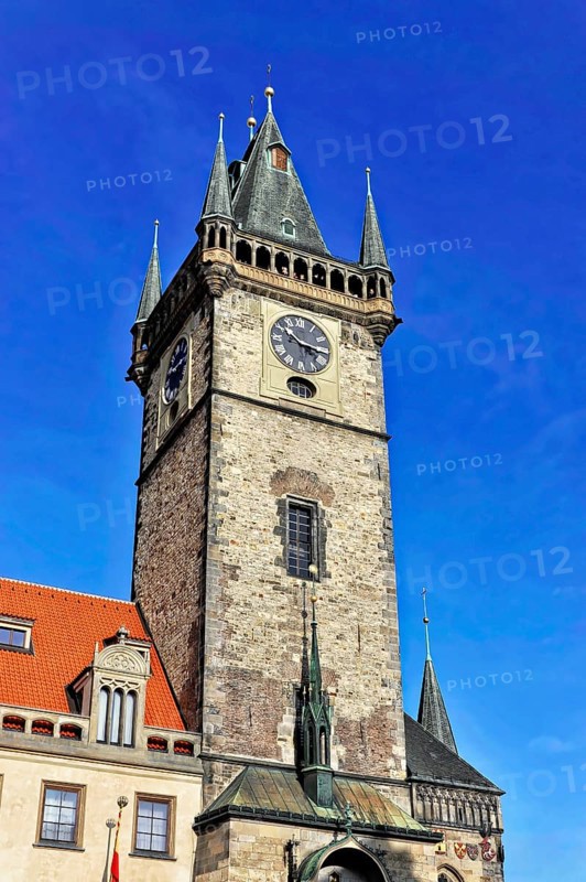 Old Town Hall, Old Town Square, Prague, Czech Republic, Europe, Historic clock tower in Prague with impressive architecture under a clear sky