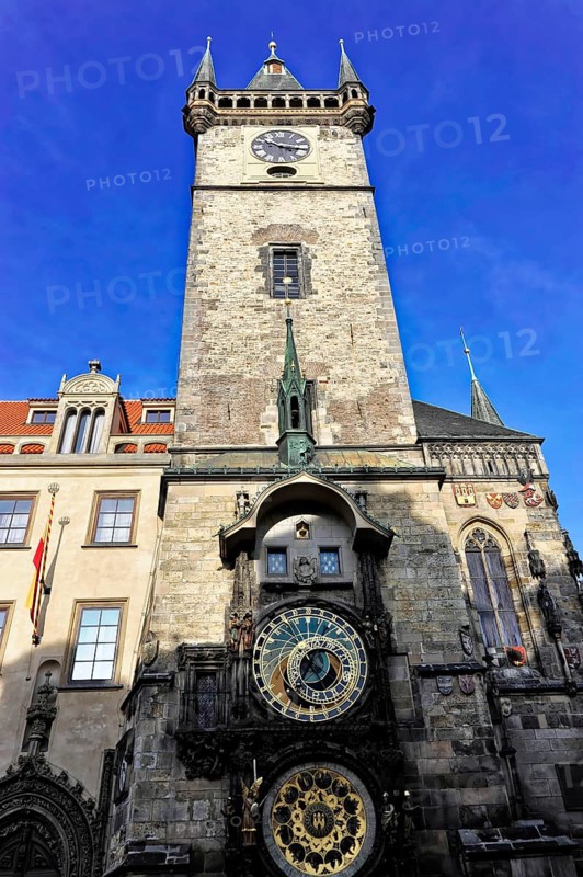 Old Town Hall, Old Town Square, Prague, Czech Republic, Historical tower with astronomical clock in Prague under a blue sky, Prague, Czech Republic